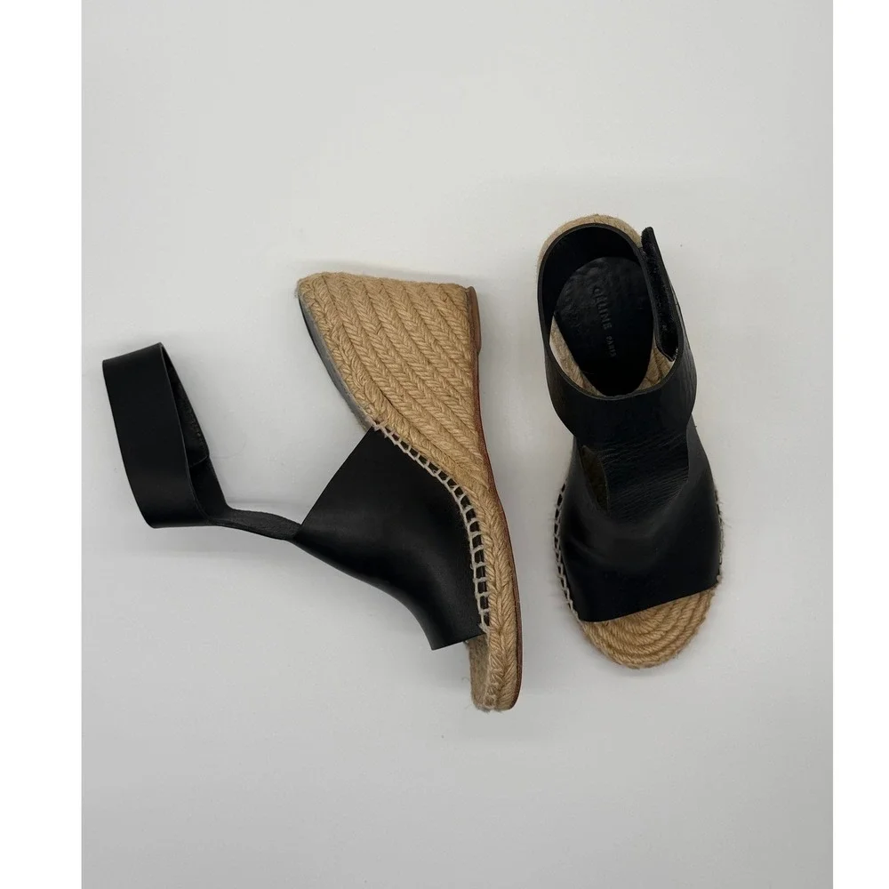 Celine Espadrille Wedge Sandals Womens 8 Black Leather Jute Platform Heel
